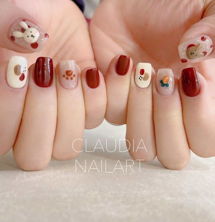 mẫu nail Tết đắp gel thỏ